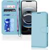 TECHGEAR Custodia a portafoglio in pelle per iPhone 16e, custodia protettiva a portafoglio [blocco RFID], porta carte, supporto e cinturino da polso, in pelle PU blu chiaro con chiusura magnetica per