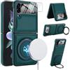 XKchatpt Custodia per Samsung Galaxy Z Flip 3 in Pelle PU con Supporto Girevole a 360°, Protezione per lo Schermo, Ricarica Wireless, Antiurto e Anticaduta, Verde