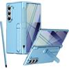 BaiFu Custodia con supporto per Samsung Z Fold 6, Pellicola protettiva, Protezione Cerniera, Portapenne, Cover con pieghevole supporto per Samsung Galaxy Z Fold6 e penna stilo-Azzurro