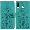 BLOTECH Floreale Cover per Huawei P30 LITE Custodia Libro Flip Protettiva Caso Premium Goffrato Floreale PU Pelle Magnetico Portafoglio Case con Kickstand e Porta Carte per Huawei P30 LITE,Verde