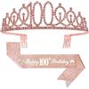 Leixi Tiara per 100° compleanno, fascia Happy 100th Birthday con set di spille di perle, regali e decorazioni per il 100° compleanno per donne e amiche, forniture per bomboniere per feste felici