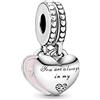 PANDORA Ciondolo Moments in argento a forma di cuore diviso con scritta Mother e Daughter, con zirconi cubici trasparenti e smalto rosa