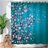 LIVILAN Tenda da doccia giapponese con fiori di ciliegio, tenda da doccia con fiori di prugna Sakura con 12 ganci, colore blu foglia di tè e rosa, 182,9 x 183 cm (larghezza x altezza)