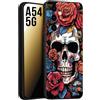 CUSTOMIZZA - Custodia cover nera morbida in tpu compatibile per Samsung A54 5G teschio skull flowers fiori rose rosse tattoo disegnato