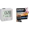 TFA Dostmann Sveglia da comodino digitale, 60.2545.54 radiocontrollata, con temperatura, allarme, funzione snooze, plastica, bianco/argento + Duracell Optimum confezione da 4 AAA