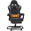 JUMMICO Sedia da gioco in tessuto con imbottitura a molla, sedia da ufficio ergonomica con massaggiatore, sedia da gioco con poggiatesta, poggiapiedi, regolabile in altezza, portata 150 kg, grigio