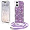 LCHULLE Cover con Tracolla Compatibile con iPhone 16 Custodia glitterata con Cordino Cover con regolabile Catena Trasparente Silicone Case per iPhone 16 Viola
