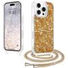 LCHULLE Cover con Tracolla Compatibile con iPhone 16 Pro Max Custodia glitterata con Cordino Cover con regolabile Catena Trasparente Silicone Case per iPhone 16 Pro Max Oro