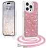 LCHULLE Cover con Tracolla Compatibile con iPhone 15 Pro Custodia glitterata con Cordino Cover con regolabile Catena Trasparente Silicone Case per iPhone 15 Pro Rosa intera