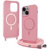 Bigcousin Magnetica Cover con Cordino per iPhone 15,[Compatibile con MagSafe], Cover in Silicone, Regolabile Cordino da Collo Nylon Catena Collana Tracolla,Rosa