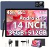 PIXGOOD 2.5K Android 15 Tablet 14 pollici, 36GB RAM+512GB ROM, 4G Lte Double SIM/5G WiFi, 2240 x 1400, 11580mAh, 4 altoparlanti, Octa-Core, 13MP+8MP, Tablet in offerta con Custodia/GPS (Blu)