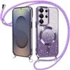 ZhuoFan Magnetica Custodia per Samsung Galaxy S25 5G 6,2 con Cordino, Glitter Sfumato Case Compatibile con MagSafe Trasparente Aesthetic Motivo Cuore Disegni Cover Protezione con Collana, Viola
