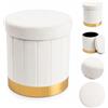 cecaro group Pouf Contenitore Rotondo in Velluto 40x40x38 cm - Pouf Contenitore con Seduta Imbottita, Portata 120 kg, Contenitore Salvaspazio per Giochi, Biancheria e Oggetti - Base Oro (Bianco)