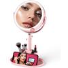 Shinowa Specchio Trucco con Luce LED, Specchio Ingranditore 20X Illuminato a Doppia Faccia con Vassoio, Altezza Regolabile, 3 Colori di Luce, Rotazione 360°, Ricaricabile USB, Funzione Memoria, Rosa