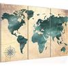 Runa Art Mappa Del Mondo Quadri Soggiorno Grande Verde Marrone Antico 120 x 80 cm 3 Pezzi Decorazione Murale 026031a