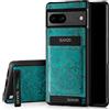 SURAZO Custodia posteriore in vera pelle per Google Pixel 7A, resistente agli urti, con scomparto per carte di credito, funzione leggio, portachiavi Floral Slim Bumper (ornamento turchese)