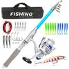 Drawup Canna da pesca combinata con borsa e esche, asta telescopica portatile per luccio, pesce persico, luccioperca, ingranaggio in fibra di vetro per pescatori principianti, 45 cm a