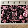 NEONSKY Striscione Compleanno 18 30 40 50 60 70 80 Anni Rosa Nero, Banner Buon Compleanno Donna con Palloncini e Torta, Decorazione Festa Elegante per Sfondo Foto, 180x115 cm (18 Anni)