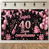 NEONSKY Striscione Compleanno 18 30 40 50 60 70 80 Anni Rosa Nero, Banner Buon Compleanno Donna con Palloncini e Torta, Decorazione Festa Elegante per Sfondo Foto, 180x115 cm (40 Anni)