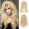 Siudus Parrucca lunga riccia, bionda, da donna, anni '70 e '80, stile vintage, rock, punk, con frangia, in fibra sintetica, per Halloween, feste e cosplay