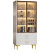 Azkoeesy Vetrina in vetro con luce a LED e ante in vetro, 2 cassetti, bianco, con manico dorato e gambe in metallo, moderna vetrina con supporto, 70 x 35 x 150 cm (larghezza x profondità x altezza)