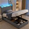 AZJSAHAH Letto imbottito, 90 x 200 cm, letto singolo idraulico con rete a doghe e testiera, letto per ragazzi con LED e USB, per bambini, 90 x 200 cm, velluto, senza materasso (grigio M)