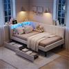 BLSYHDH Letto imbottito, 90 x 200, letto diurno, con 2 cassetti, spazio di archiviazione, letto singolo con LED, con USB e tipo C, letto funzionale, con spazio di archiviazione (beige + flanella 1)