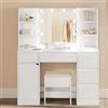 WOLTU Toeletta Trucco con Luci LED Regolabili, Tavolo da Trucco Moderno Bianco con Sgabello, Specchio Illuminato, 5 Cassetti e Ripiani, Postazione Make-Up per Camera da Letto