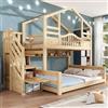 NNJN Letto a castello per bambini,a forma di casetta,effetto legno naturale,90x200cm superiore,140x200cm inferiore,con scaletta contenitore,ripiani,materasso non incluso.(Naturale chiaro)