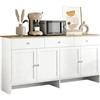 MASAJIA Armadietto da cucina con 3 cassetti e 4 ante e ripiano regolabile, grande credenza 160 x 40 x 75 cm, bianco per soggiorno/sala da pranzo, MDF, stile rustico