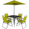 Shally Dogan Set 6 Pezzi da Pranzo per Giardino con Ombrellone, 4 Sedie Pieghevoli e 1 Tavolo con Ripiano in Vetro Temperato, Resistente Raggi UV, Arredamento per Esterno, Patio, Terrazzo (Verde)