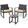 Xbro Salottino da Giardino Esterno con Sedie a Dondolo, Set Balcone 3 Pezzi in Rattan con Tavolo da Esterno e Cuscini per Terrazza Patio Veranda