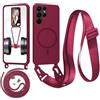 Belzsxy Magnetica Cover con Cordino per Samsung Galaxy S22 Ultra,[Compatibile con MagSafe], Cover in Silicone, Regolabile Cordino Case con Laccio per Il Collo Nylon Catena Collana Tracolla,Rosso