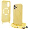 Bigcousin Magnetica Cover con Cordino per iPhone 16 Plus,[Compatibile con MagSafe], Cover in Silicone, Regolabile Cordino da Collo Nylon Catena Collana Tracolla,Giallo