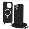 Bigcousin Magnetica Cover con Cordino per iPhone 16 Pro Max,[Compatibile con MagSafe], Cover in Silicone, Regolabile Cordino da Collo Nylon Catena Collana Tracolla,Nero