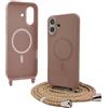 Bigcousin Magnetica Cover con Cordino per iPhone 16 Plus,[Compatibile con MagSafe], Cover in Silicone, Regolabile Cordino da Collo Nylon Catena Collana Tracolla,Marrone