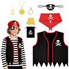 AOOWU Costume Pirata per Bambini, 8 Pezzi Accessori Costume da Pirata con Bandana, Benda sull'Occhio, Collana Orecchini, Cosplay Set per Ragazzi per Carnevale Halloween Cosplay