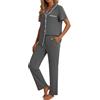 Generico Pigiama Donna Estivo Set,Corta Pigiama Camicia con Bottoni sul Bavero Comodo Pantaloni Lunghi Traspiranti Pigiama da Casa Casual in Due Pezzi