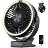 Warmco Ventilatore portatile da 15000 mAh con clip con lanterna LED e gancio, ventilatore da tavolo da campeggio da 17,8 cm, con display digitale a LED, rotazione a 360° e 4 velocità, per golf cart da