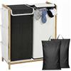 HOMCOM Cesto Portabiancheria a 2 Scomparti 120L con Coperchi, in Bambù, Tasche Laterali, Sacchi Estraibili, Grande Cesto Biancheria Sporca per Camera da Letto e Bagno, Nero e Bianco