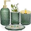 Haturi Set di accessori da bagno, 4 pezzi, set di accessori da bagno in vetro verde salvia completo con dispenser di sapone per lozione, portaspazzolino, porta Qtip, portasapone, set di decorazioni per il