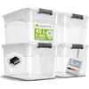 Juskys scatola per conservazione con coperchio - Set da 4 scatole in plastica 45l - Scatola grande, impilabile, trasparente - Sistema di organizzazione per conservazione