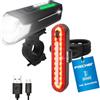 Fischer Set di luci per bicicletta 80/40/20 Lux, set di luci a batteria, luce anteriore e posteriore, con batteria e funzione di ricarica USB, 3 funzioni di illuminazione, protezione dagli spruzzi