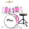 TIGER JDS7-PK Batteria per ragazzi 3 pezzi con rullante, tom, basso, pedale, piatti e bacchette- colore rosa