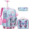 HTgroce Zaino Trolley Scuola Elementare Bambina - Set 3 in 1 con Pranzo al Sacco e Astuccio - Zainetto con Ruote Ergonomico per Primaria e Viaggio