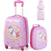 MonTravel Set Trolley Bambini 2 Pezzi Valigia Rigida e Zainetto Coordinato Bagaglio a Mano 46x22x32 cm con Ruote Girevoli Spinner 360 Asta Telescopica Fantasia Unicorn per Viaggio e Scuola
