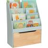 Relaxdays Libreria Relaxdays per Bambini, H x L x P: 80 x 60 x 30 cm, 4 Ripiani, Cassa per Giocattoli con rotelle, Turchese/Natur.