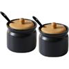 STOUCLA Zuccheriera Porta Sale Set 2 Pezzi,Barattoli Ceramica Nera Opaca con Coperchio Bambù e Cucchiaio,per cucina,Sala da pranzo,Caffè,180 ml (Nero)