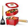 Audecook Padella elettrica 2L, Padella in Ceramica Antiaderente Aggiornata 20cm, Multifunzione Pentola Elettrica Cuocipasta per Bistecca,Uova,Ramen,Farina d'avena (Rosso, 2 litri)