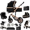 Veitoalioy Passeggino 3 in 1 Trio Neonati, Per Neonato 3 in 1 Passeggini, Carrozzino multifunzione, Passeggino Pieghevole (588 Black Gold)